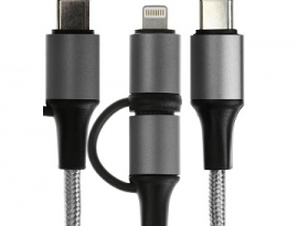 КАБЕЛЬ 2 в 1, Type-C - Type-C/Lightning, 60 W, 3 А, оплётка ткань, 1 метр, серебристый