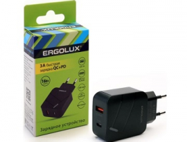 Сетевое зарядное устройство ERGOLUX ELX-РA01QC-C01, USB/USB-C, 3A, быстрая зарядка, черное